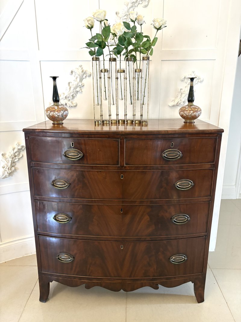Antique Regency Quality Figured Mahogany Bow Fronted Chest of 5 Drawers - Image 2